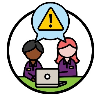 2 NDIA workers sitting at a desk in front of a laptop. Above them is a problem icon in a speech bubble.