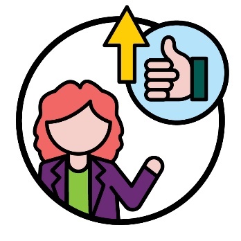 A person holding their hand out and a thumbs up icon with an arrow pointing up.