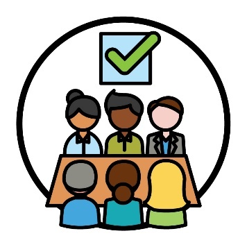 A tick in a box above a group of 6 people having a meeting.