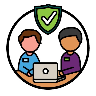 An NDIA worker and a person next to a laptop. Above them is a safety icon.