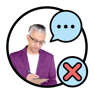 An NDIA worker writing on a document next to a cross and speech bubble.