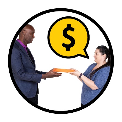 A person passing someone a document. Above them is a dollar sign in a speech bubble.