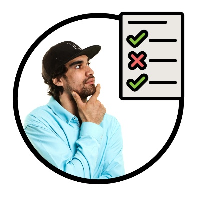 A person thinking next to a document with a list of crosses and ticks.