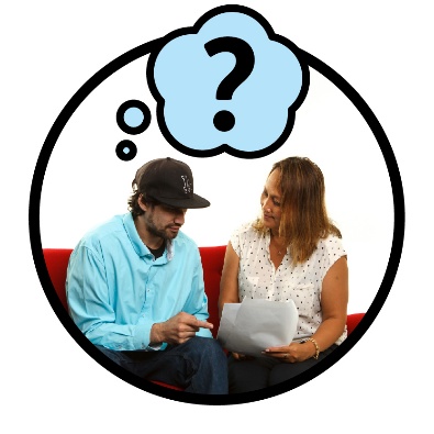 A person supporting someone with a document. Above them is a question mark in a thought bubble.