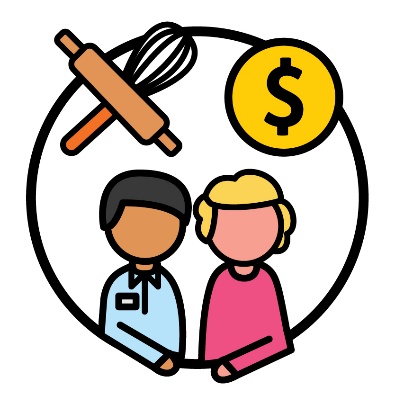 A person supporting someone. Above them is a dollar sign and cooking tools.