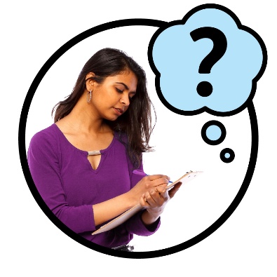An NDIA worker writing on a document. Next to them is a question mark in a thought bubble.