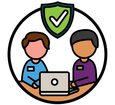 An NDIA worker and a person next to a laptop. Above them is a safety icon.