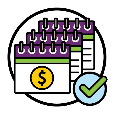 A stack of calendars with a dollar sign on it next to a tick.