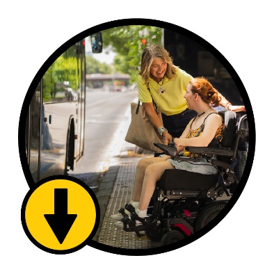 A person supporting someone to get on a bus. Next to them is an arrow pointing down. 