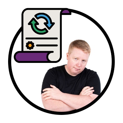 A person with their arms crossed next to a law document with a change icon.