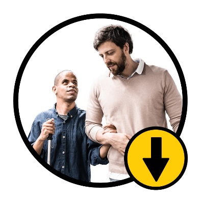 A person supporting someone with a white cane next to an arrow pointing down.