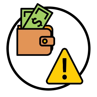 A wallet with a lot of money next to a problem icon.