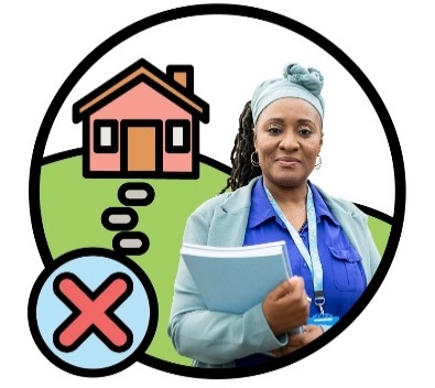 A support coordinator in front of a home next to a cross.