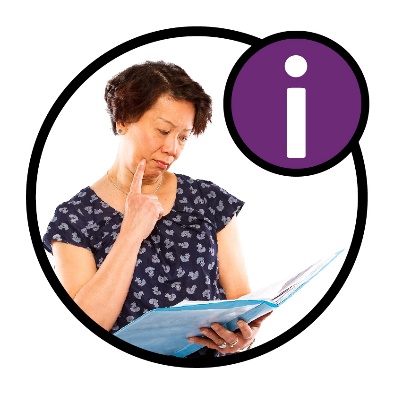 A provider reading a document next to an information icon.