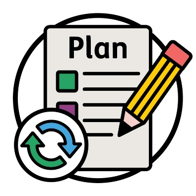 A pencil writing on a plan document next to a change icon. 