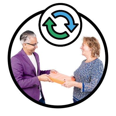 An NDIA worker giving someone a document. Above them is a change icon.