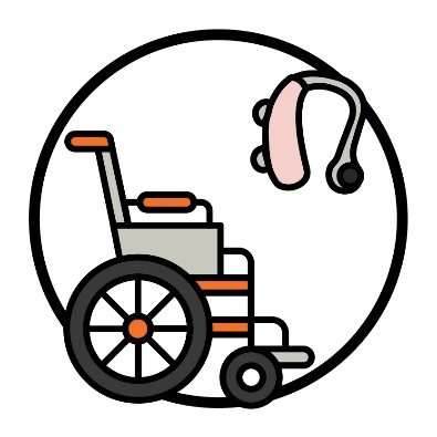 A wheelchair next to a hearing aid.