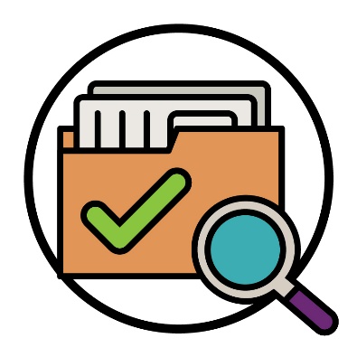 An evidence folder with a tick and magnifying glass.