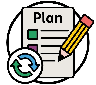 A pencil writing on a plan document next to a change icon. 