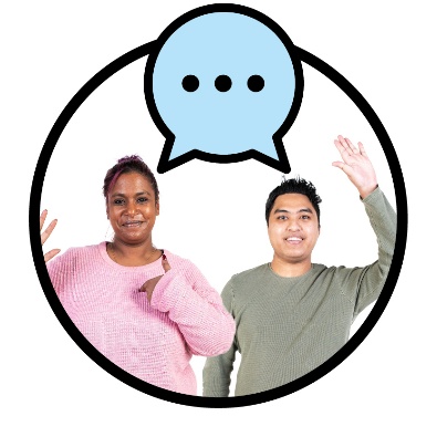 2 IAC members below a speech bubble. 1 of them has their hand raised.