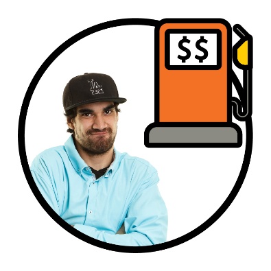 An icon of a fuel pump showing 2 dollar signs above a person looking worried.