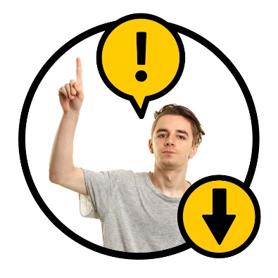 A person with a hand raised and a speech bubble showing an importance icon. Below is a down arrow.