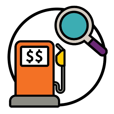 A magnifying glass above a fuel pump showing 2 dollar signs.