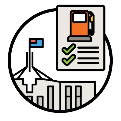 The Australian Government building and a document showing a fuel pump and 2 ticks.