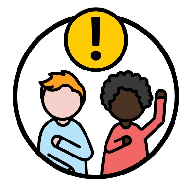 2 people pointing to themselves, one with their hand raised. Above is an importance icon.