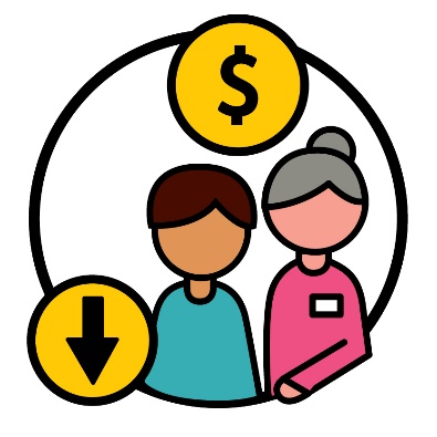 A money icon above a person supporting someone. Below is a down arrow.