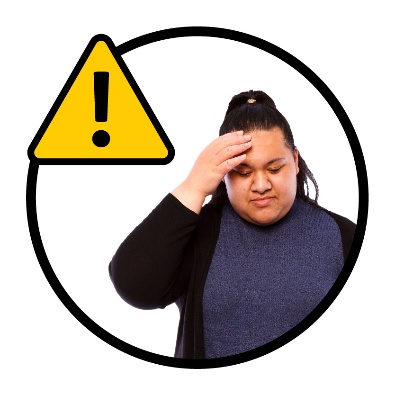 A person with their hand on their head looking tired. Above is a problem icon.