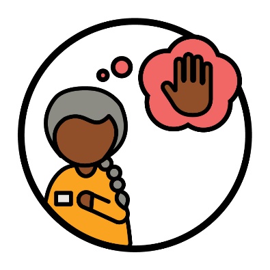A worker pointing to themself. They have a thought bubble showing a stop icon.