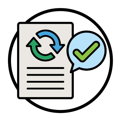 A document showing a change icon with a speech bubble containing a tick.