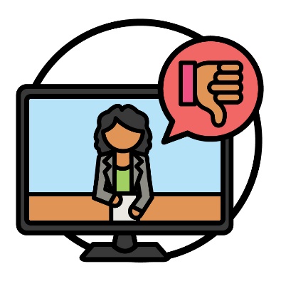 A TV screen showing a news reporter. They have a speech bubble with a thumbs down.