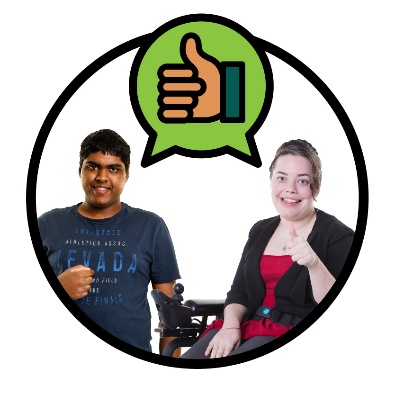 2 people pointing to themselves and smiling. They have a speech bubble showing a thumbs up.