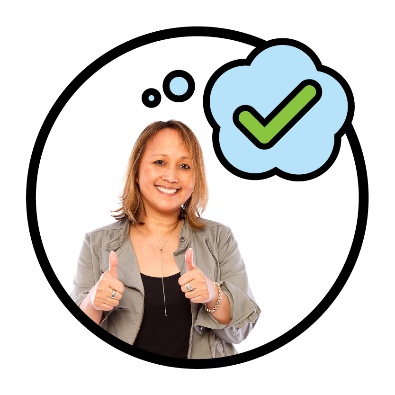 A person giving 2 thumbs up. They have a thought bubble showing a tick.