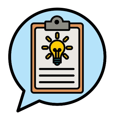 A speech bubble with a clipboard showing a lightbulb.