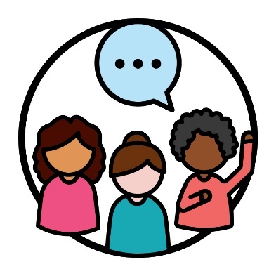 3 people below a speech bubble. One of them is pointing to themself and raising their hand.