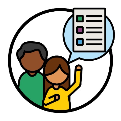 2 people next to a speech bubble with an NDIS plan inside of it. One of the people is pointing to themself and raising their other hand.