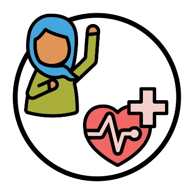 A person pointing to themself and raising their other hand. There is a health icon next to them. It's a heart with a health cross next to it.