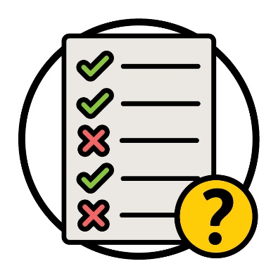 A rules document showing a list of ticks and crosses next to a question mark.
