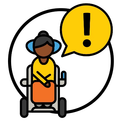 A CALD participant next to a speech bubble with a problem icon inside of it.