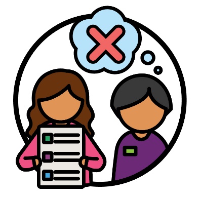 A participant holding their NDIS plan next to an NDIA worker. There is a thought bubble above the NDIA worker with a cross inside of it.