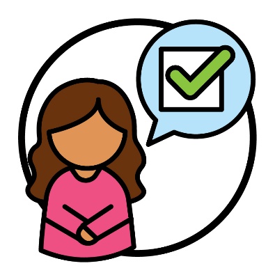 A participant next to a speech bubble with a ticked check box inside of it.