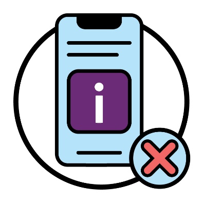 A mobile phone with an information icon on it next to a cross.