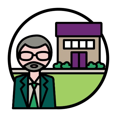 An icon of Graeme in front of a business building.