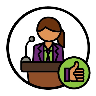 An NDIA worker speaking into a microphone next to a thumbs up icon.