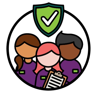 3 NDIA workers below a safety icon. The safety icon is a shield with a tick inside of it.