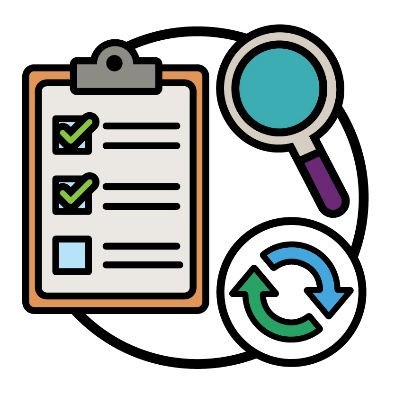 A rules document with ticked check boxes next to a magnifying glass and a change icon. The change icon is 2 arrows pointing to each other in a circular shape.