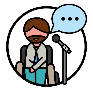 A person with disability speaking into a microphone next to a speech bubble.